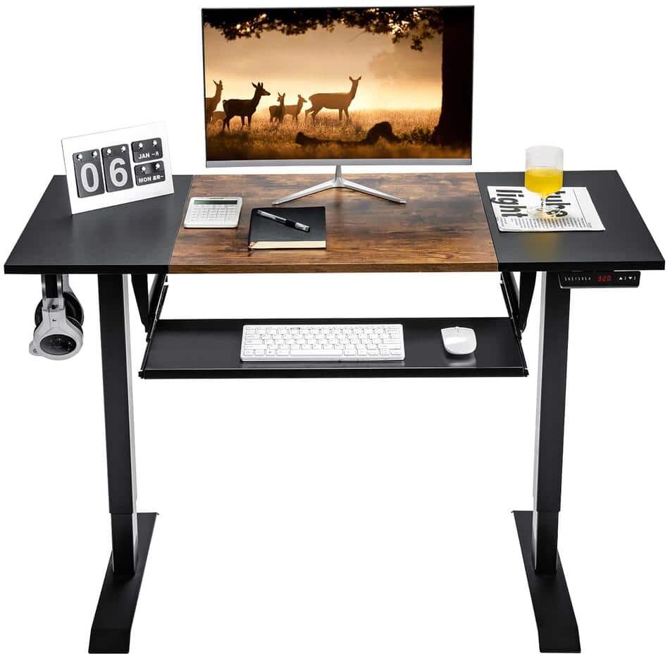 Costway 48 in. Rectangular Brown Electric Wood Sit to Stand Desk Adjustable Workstation Computer Desk w/Keyboard Tray