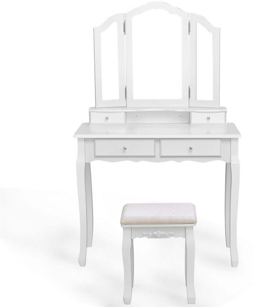 Costway White Vanity Set Tri with Folding Mirror Makeup Table Stool Set 4-Drawer