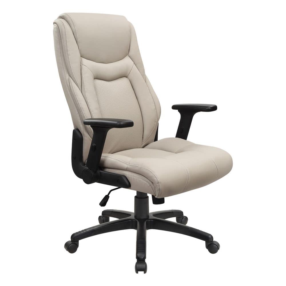 Office Star Products Work Smart Executive Bonded Leather High Back Office Chair with Adjustable Arms In Taupe with white Stitching