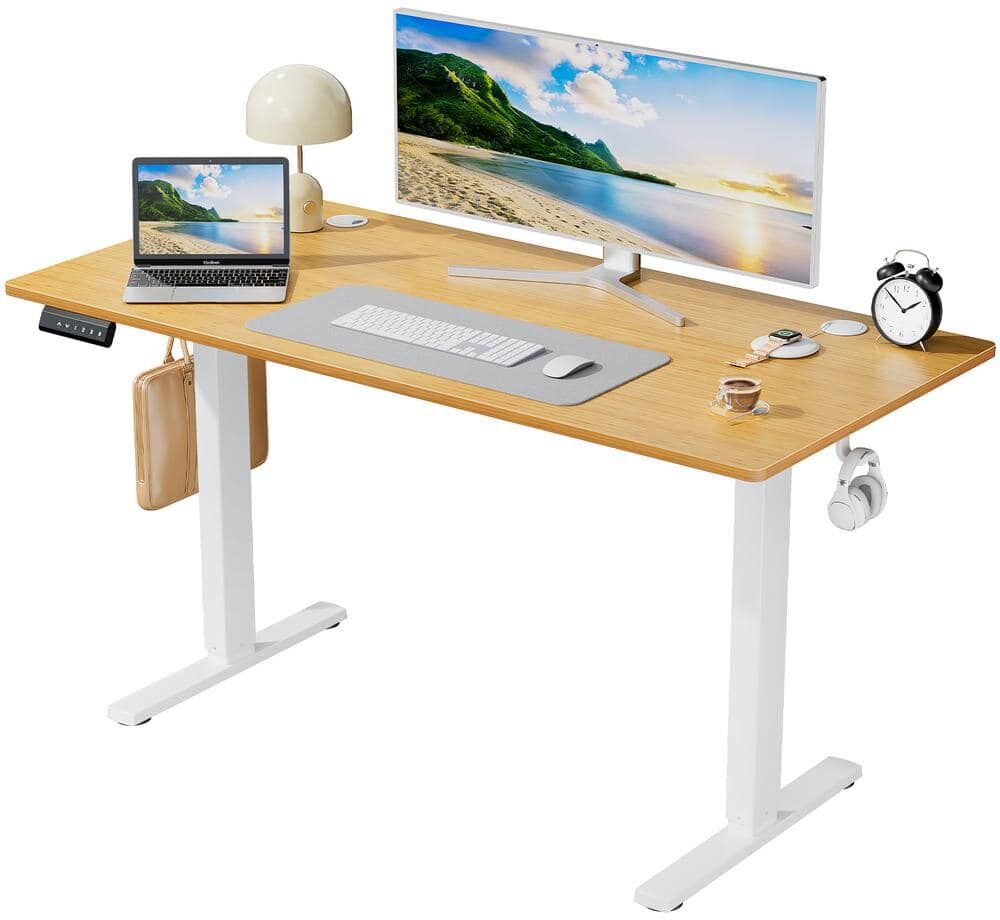 FIRNEWST 55 in. Rectangular Oak Electric Standing Computer Desk with Whole-Piece Desktop Board Height Adjustable