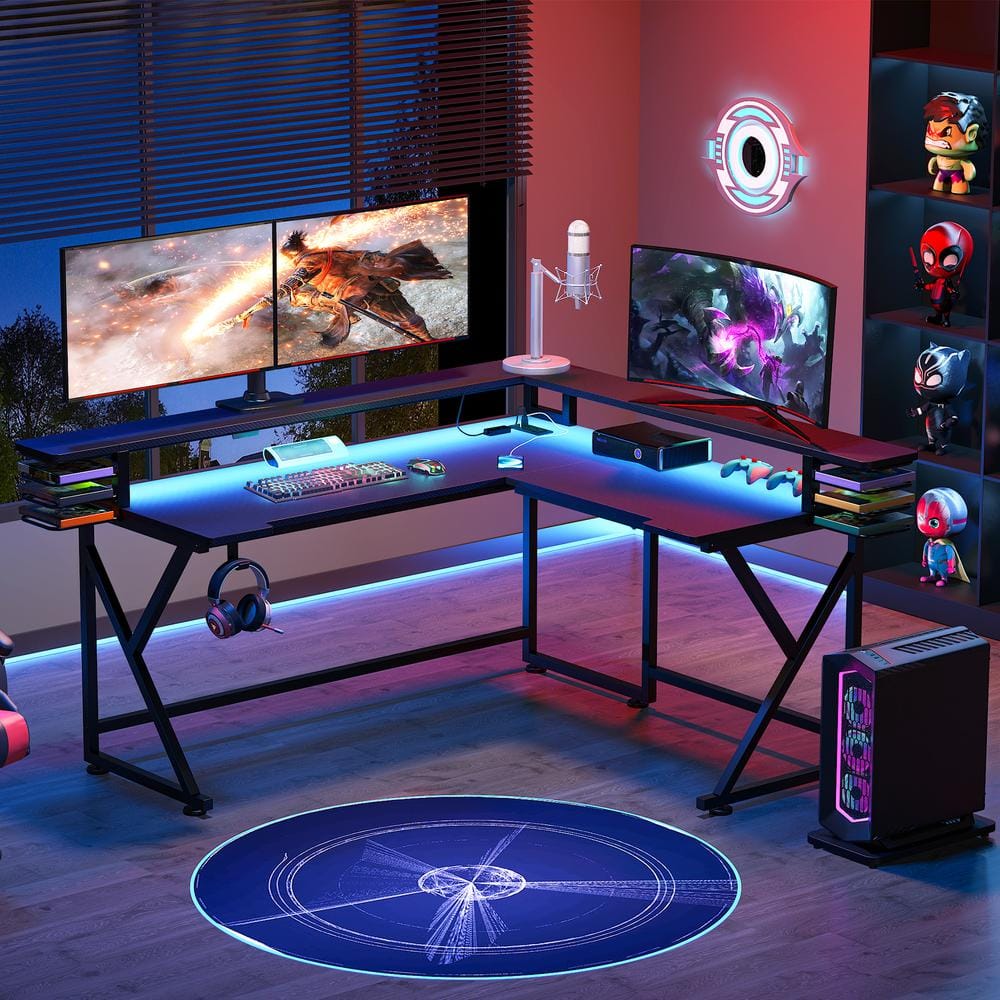 BYBLIGHT Havrvin 61 in. L Shaped Black Wood Gaming Desk with Led Lights and Power Outlet, Computer Corner Desk with Monitor Stand