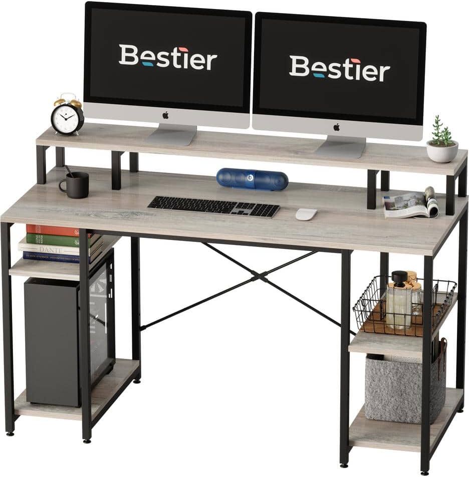 Bestier 55.12 in. Wash Grey Computer Desk with Monitor Stand