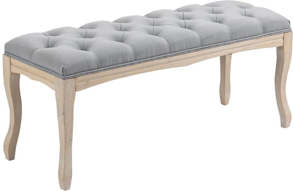 HOMCOM Grey Linen Fabric Entryway Bench with Button Tufted Seat and Rubber Wood Legs