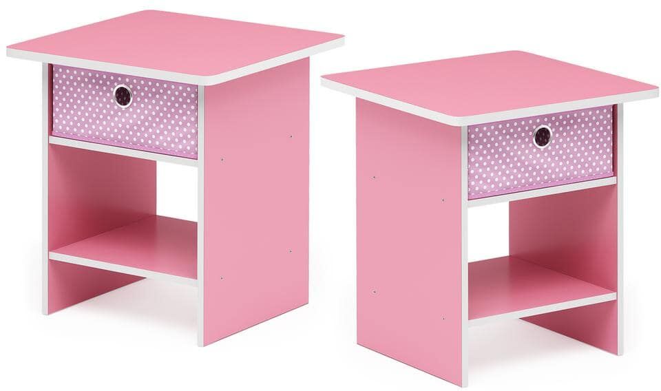 Furinno Dario 17.8 in. Pink End Table/ Night Stand Storage Shelf with Bin Drawer (Set of 2)