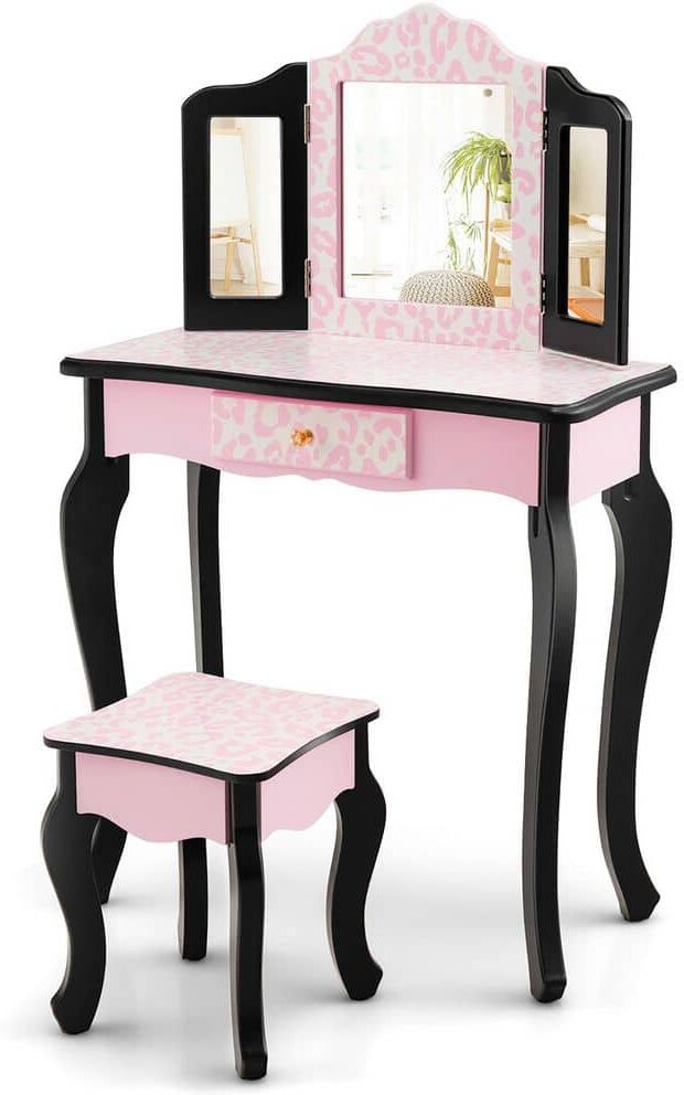 Costway Kid Vanity Set Wooden Makeup Table Stool Tri-Folding Mirror Leopard Print Pink