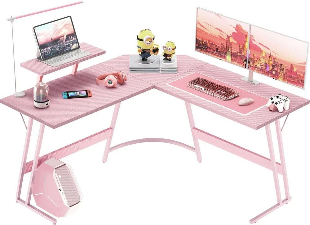 LACOO L Shaped Gaming Desk 51 in. Computer Corner Desk PC Gaming Table with Large Monitor Riser Stand(Pink)