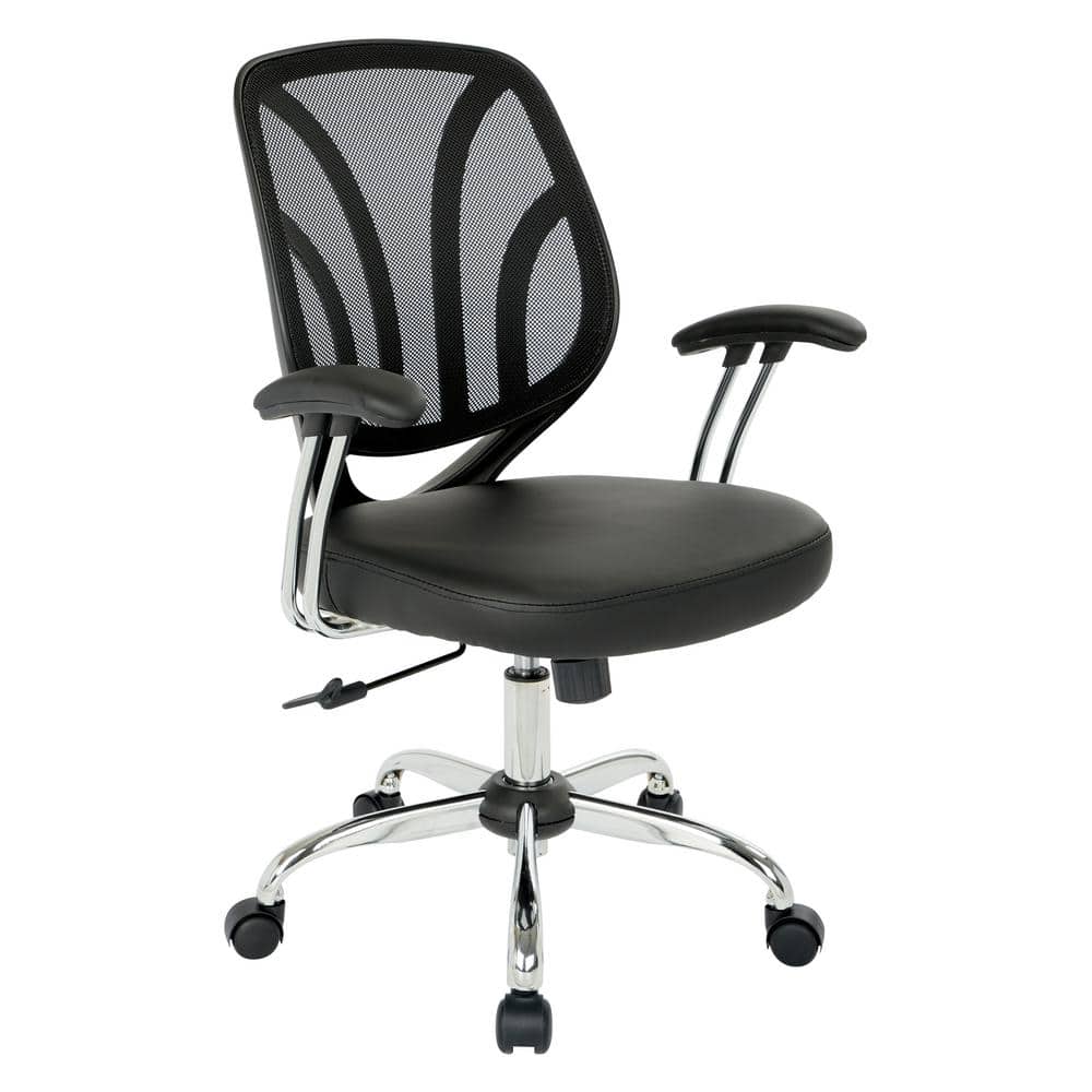 Office Star Products Black Faux Leather Screen Back Chair with Chrome Padded Arms and Dual Wheel Carpet Casters