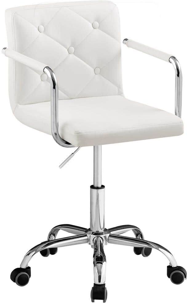 VECELO Office Stool with Arms/Wheels for Students Swivel Faux Leather Office Chair Home Computer Chair, White