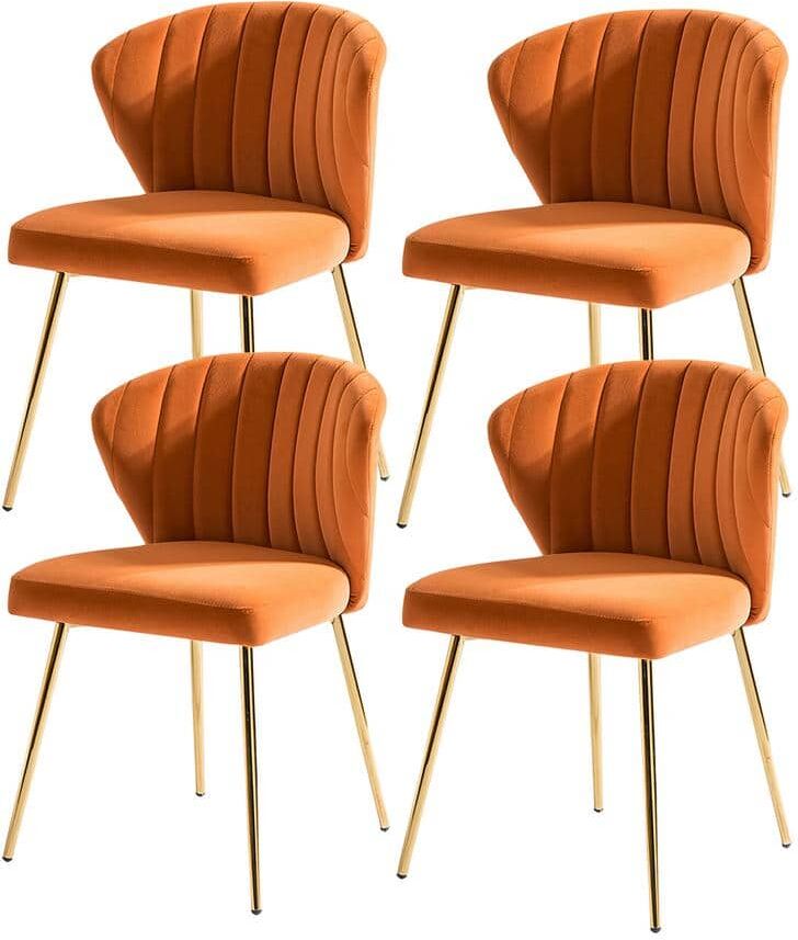 JAYDEN CREATION Olinto Modern Orange Velvet Channel Tufted Side Chair with Metal Legs (Set of 4)