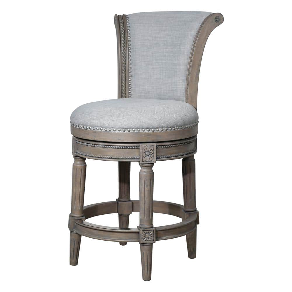 NewRidge Home Goods Chapman 26 in. Weathered Gray High Back Wood Swivel Counter Stool with Gray Upholstered Seat, 1-Stool
