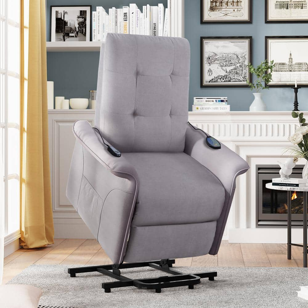 Qualler Light Gray Polyester Power Lift Recliner Chair with Adjustable Massage