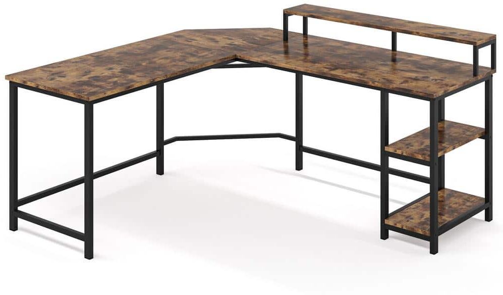 BYBLIGHT Lanita 34 in. L Shaped Rustic Brown Wood Computer Desk with Large Monitor Stand and Adjustable Shelves