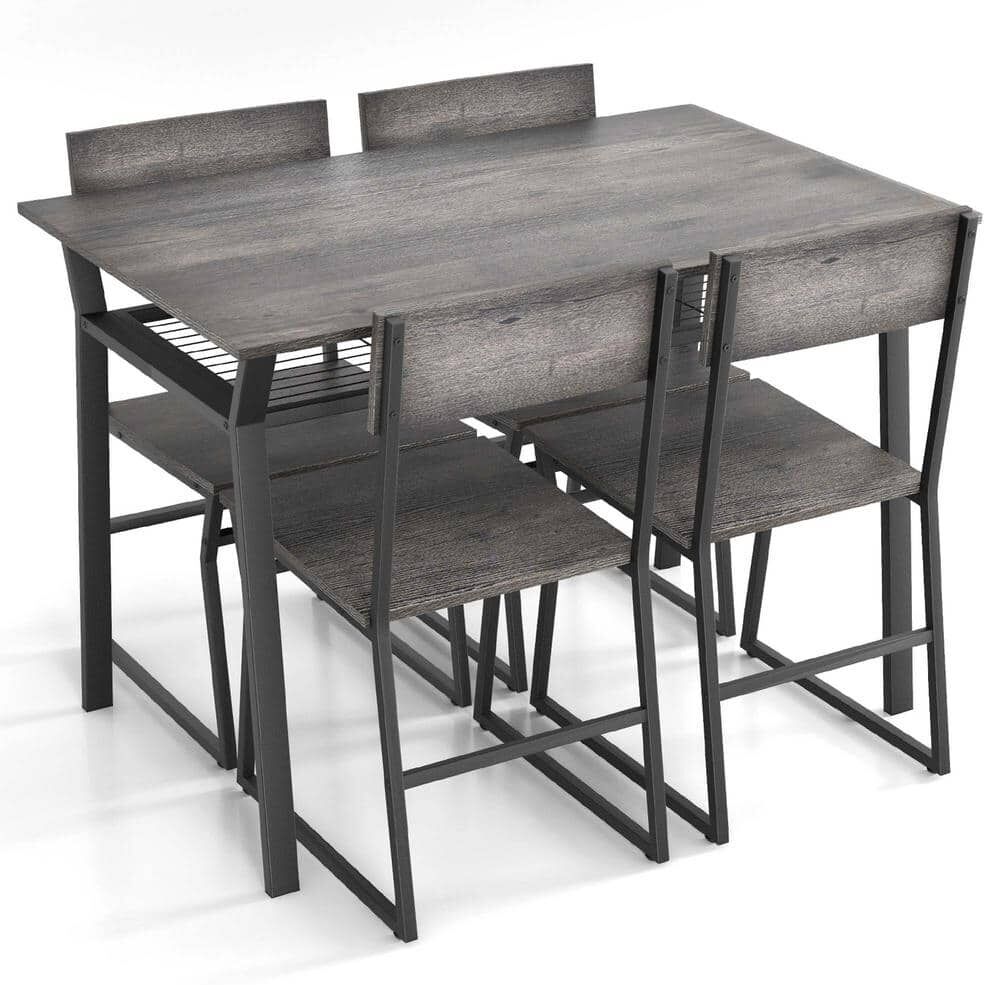 Costway 5-Piece Grey Wood Top Dining Table Set Industrial Rectangular Kitchen Table with 4-Chairs