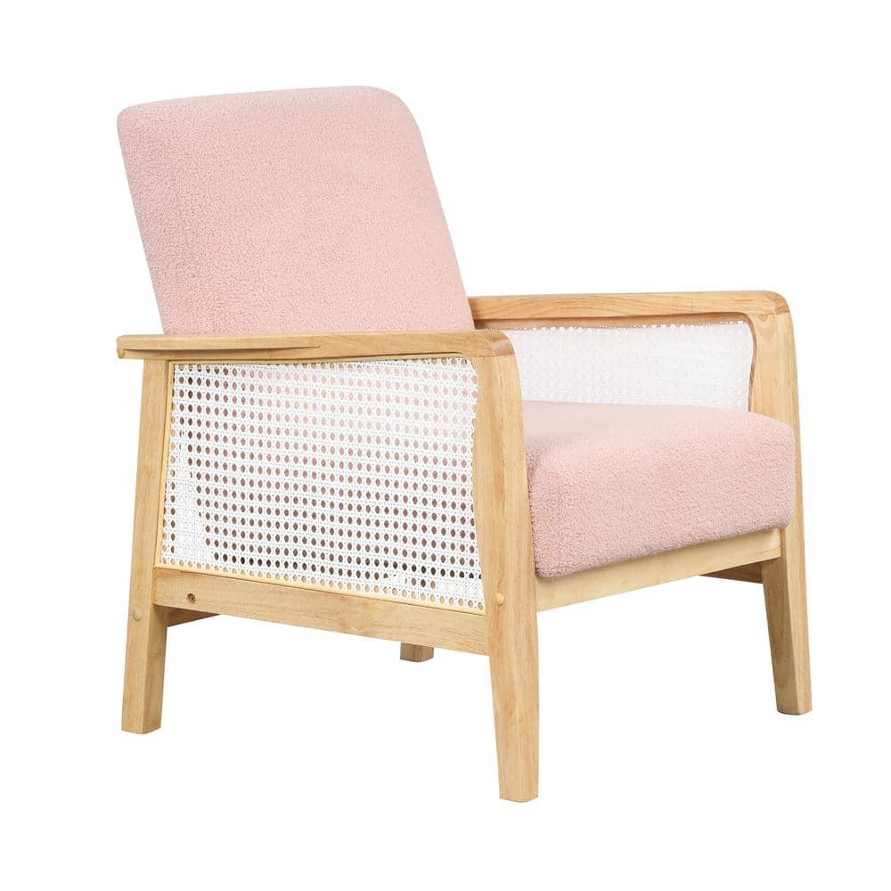 Aoibox 25.90 in. W Pink Short Plush Velvet Upholstered Armchair Accent Chair with Rattan Mesh and Wooden Frame