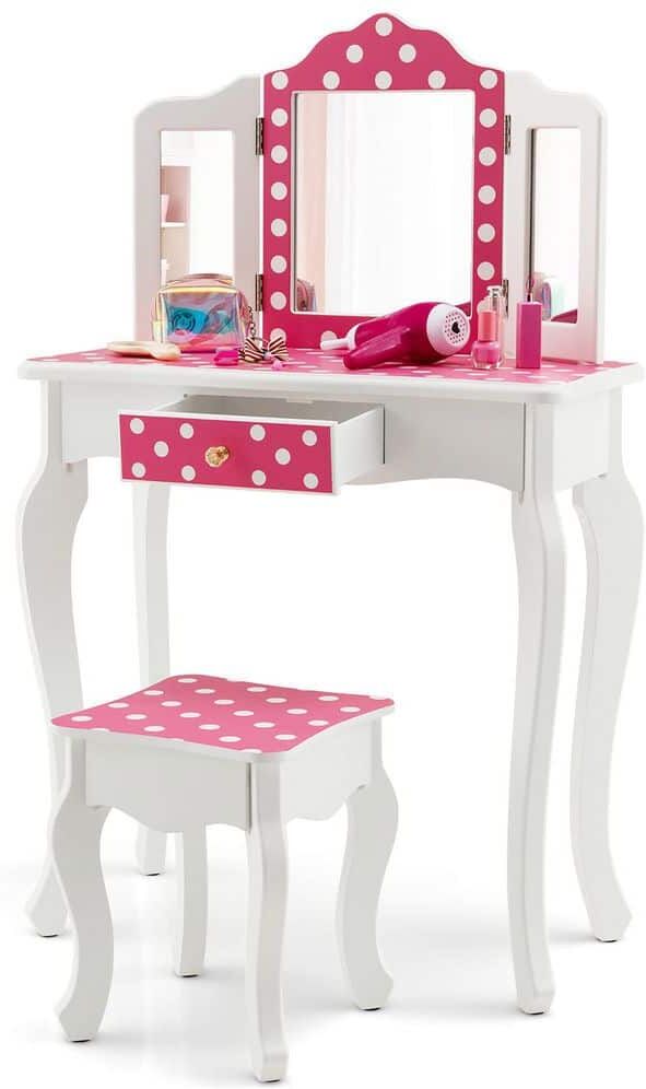 Costway Vanity Set Wooden Makeup Table Stool Tri-Folding Mirror Polka Dot Print Pink