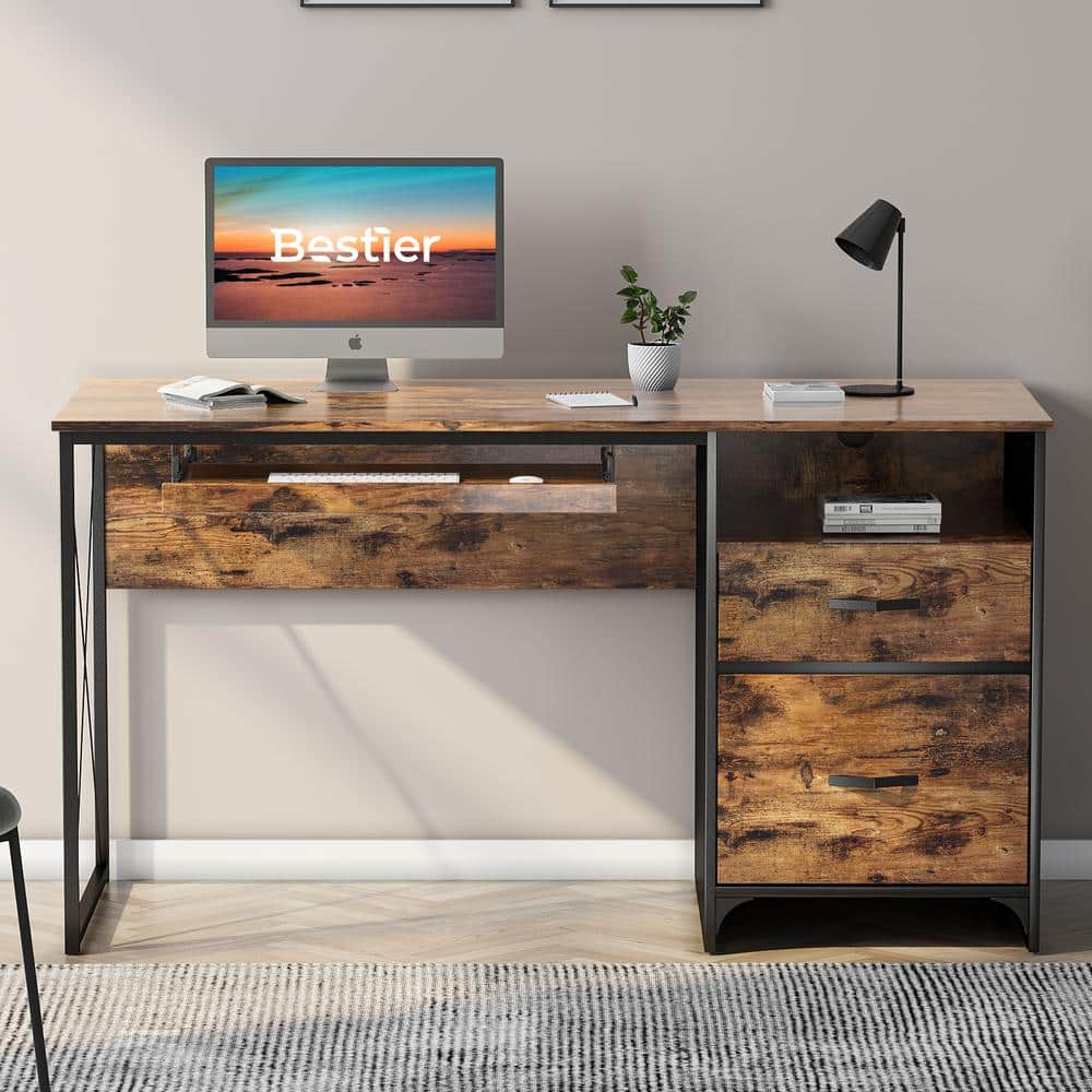Bestier 55 in. Rectangular Rustic Brown Office Desk with Storage-Drawers and Keyboard Tray