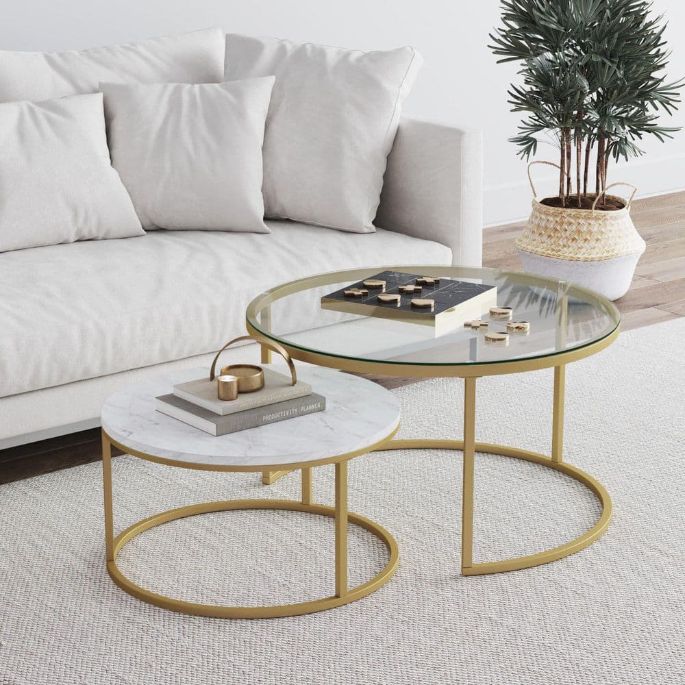 Nathan James Stella 32 in. 2-Piece Gold Round Faux Marble/Tempered Glass Top Coffee Table Set with Nesting Tables