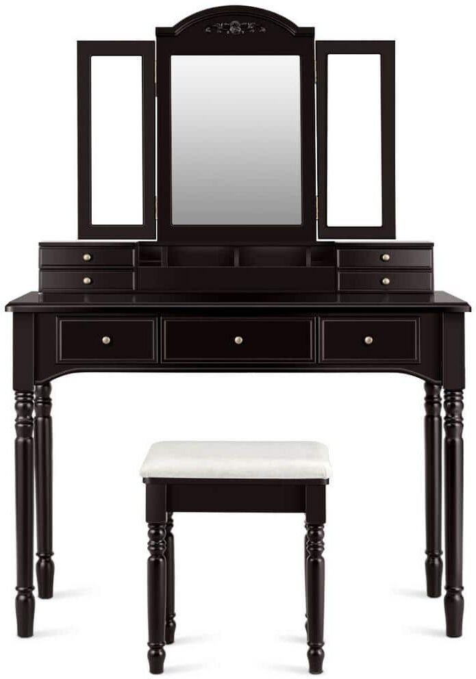 FORCLOVER 7-Drawer Coffee Makeup Dressing Table with Tri-Folding Mirror and Cushioned Stool