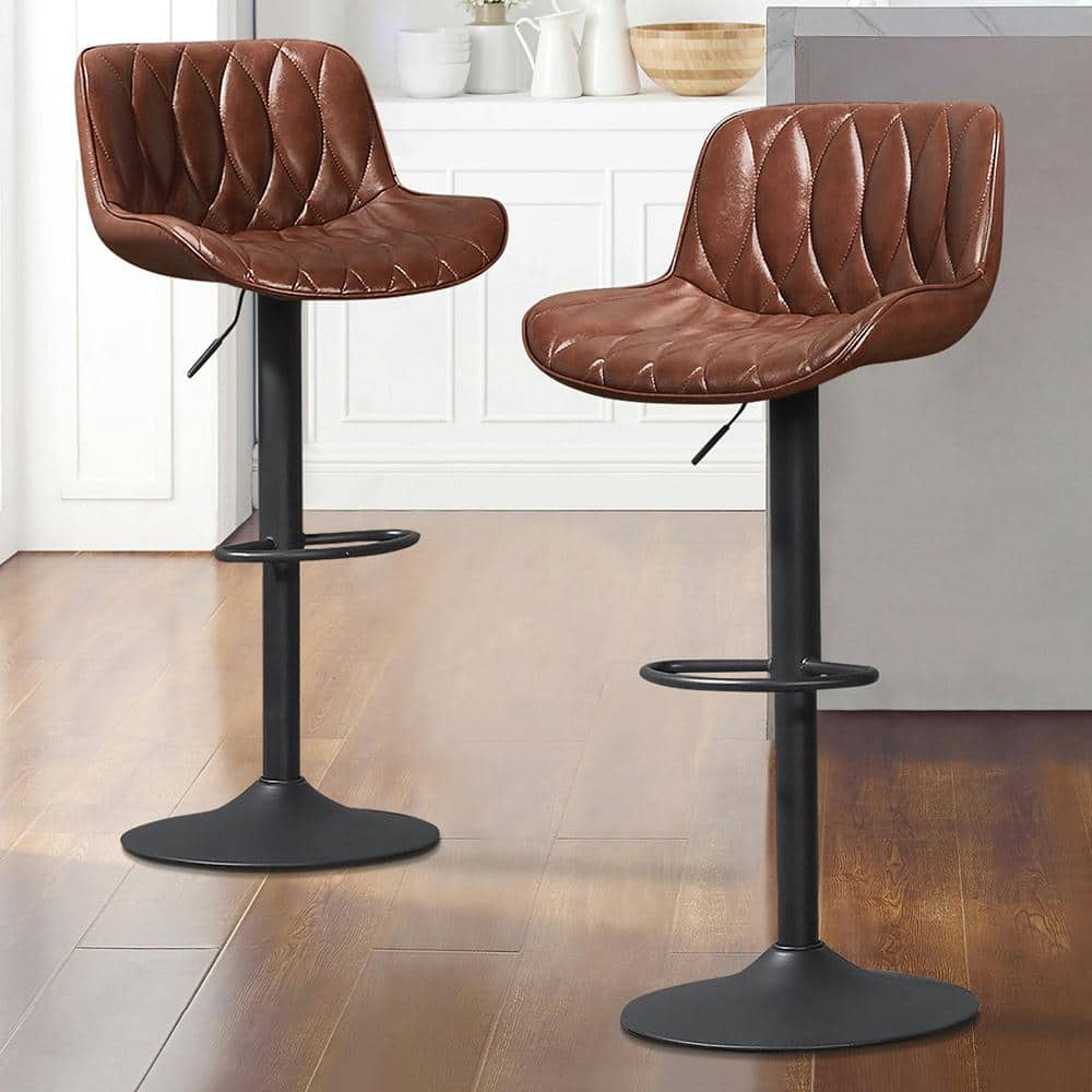 Art Leon Modern 24.00 in. Adjustable Height Brown Faux Leather Swivel Bar Stool with Metal Frame (Set of 2)