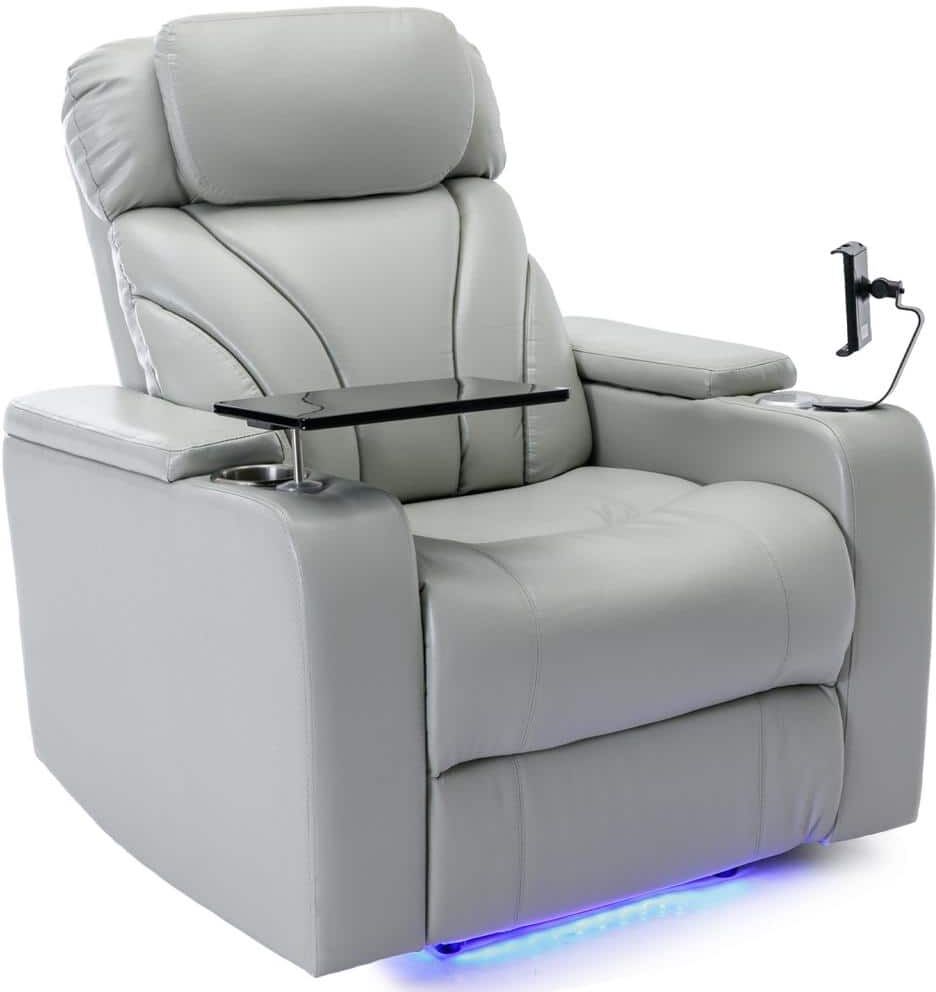 Merax Light Gray PU Home Theater Power Recliner with Storage USB Charging Port Stereo Tray Table and Phone Holder