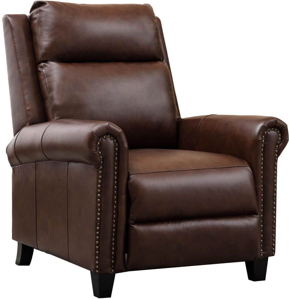 KINWELL Brown Classic Genuine Leather Push Back Recliner Chair