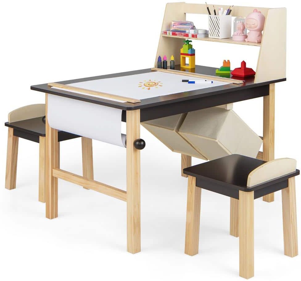 Costway 3-Piece Kids Wood Top Art Table and Chairs Set Drawing Desk with Paper Roll Storage Shelf Bins