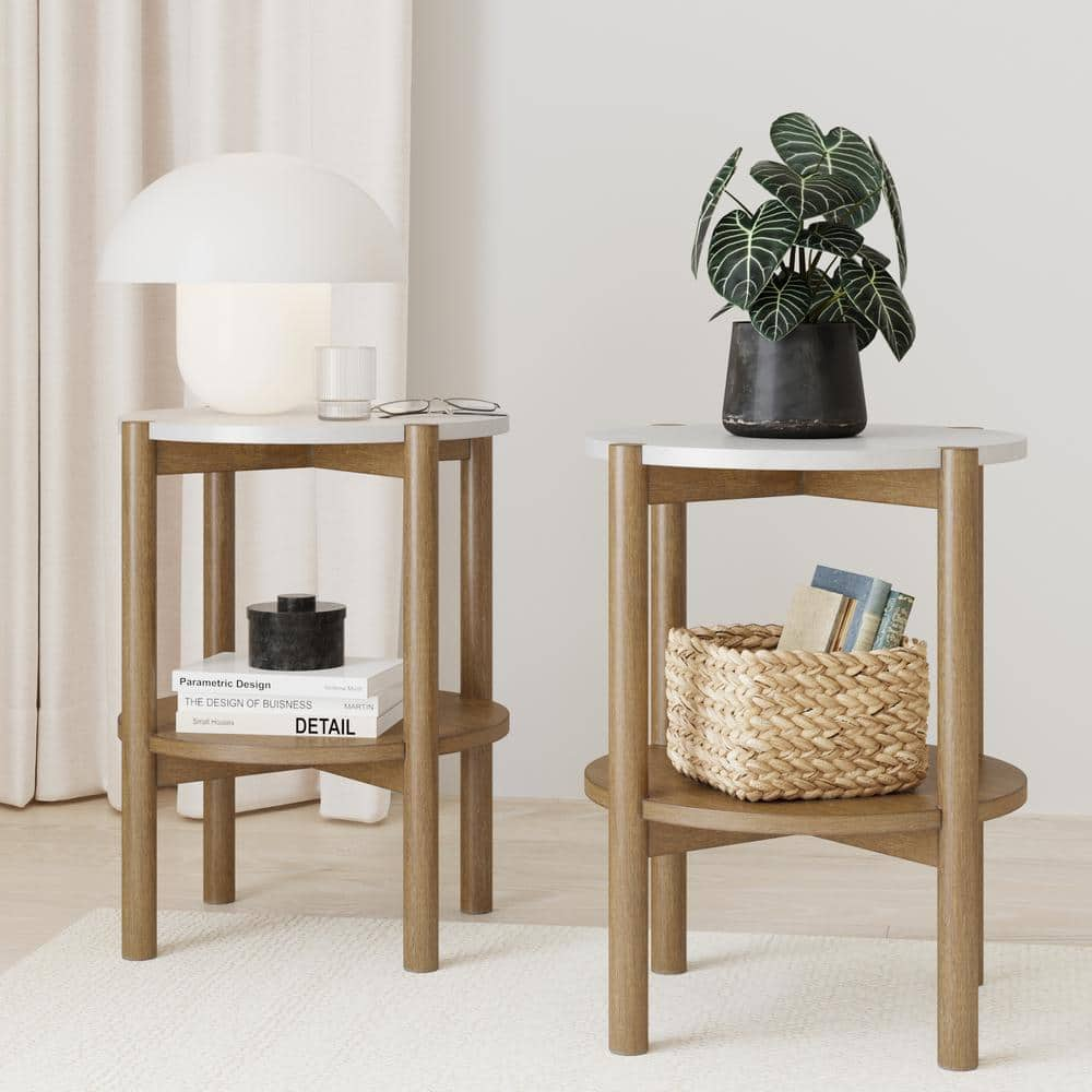 Nathan James Tucker 22 in. Round Accent Small Side Table, Wood Sofa End Table with Marble Top for Living Room or Bedroom, Set of 2