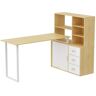 FUFU&GAGA Brown L-Shaped Oak Wood Teenager Kids Desk Children Study Table W/Bookshelf, Movable Tabletop, Door Cabinet, Drawers