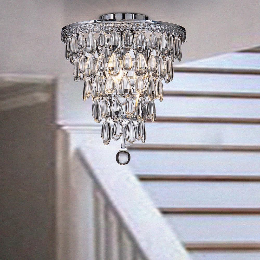 ALOA DECOR 12 in. 3-Lights Antique Chrome Glam Flush Mount Ceiling Light with Teardrop Glass