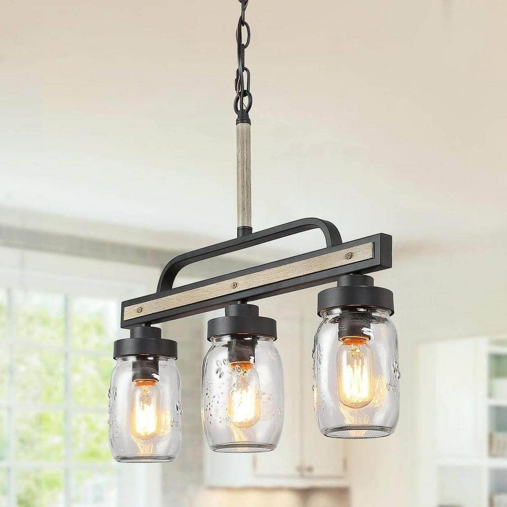 LNC Modern Farmhouse Black Linear Chandelier 3-Light Rustic Mason Jar Island Chandelier Pendant with Faux Wood Accent