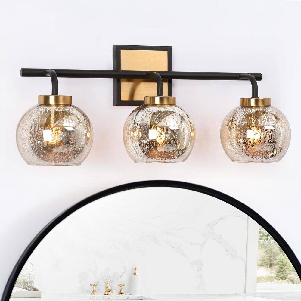 Zevni 22 in. 3-Light Black and Gold Bathroom Vanity Light, Modern Vintage Brass Vanity Light, Globe Mercury Glass Wall Sconce