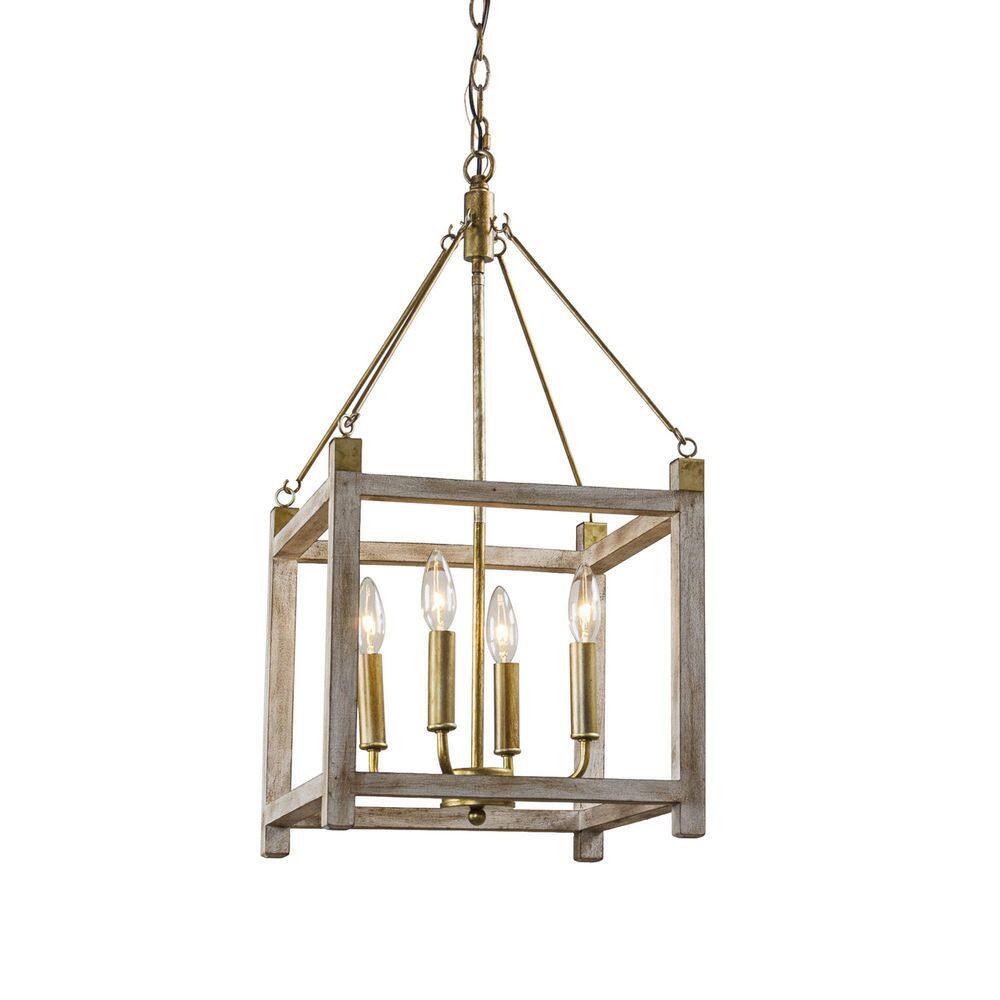 Flint GARDEN 4-Light Rustic Gold and Wood Lantern Pendant Chandelier