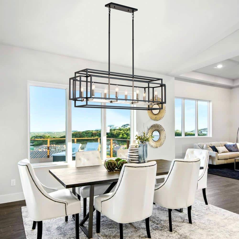 Magic Home 8-Light Kitchen Island Linear Chandelier Black and Nickel Pendant Light Fixture for Dining Room, Living Kitchen Entryway