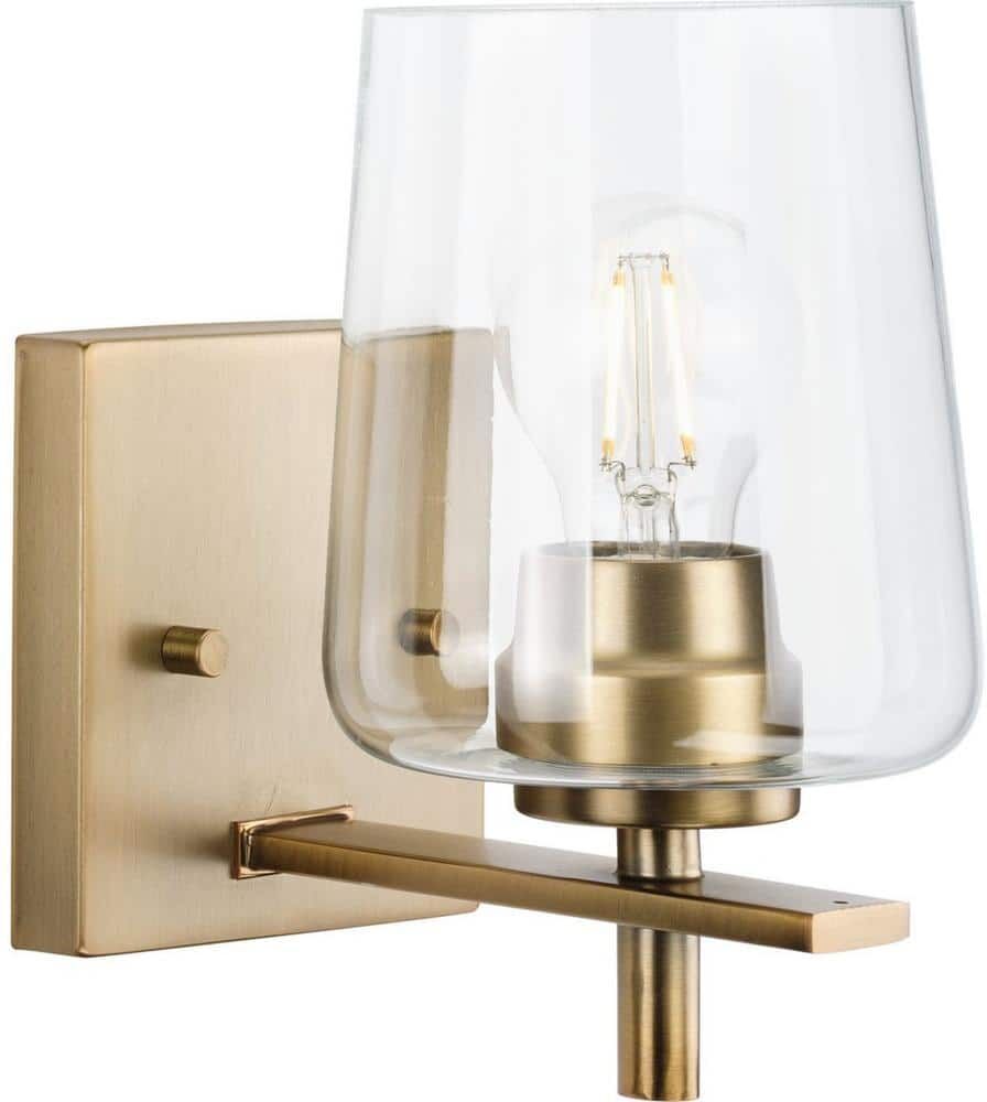 Progress Lighting Calais 5 in. 1-Light Vintage Brass Vanity Light with Clear Glass Shade New Traditional for Bath and Vanity