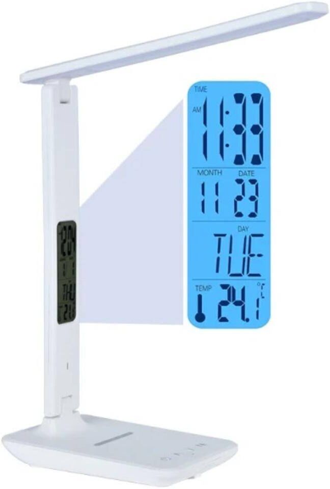 Etokfoks Wireless 13 in. LED Desk Lamp with Calendar Display Screen and Charging Dock for Phone, White