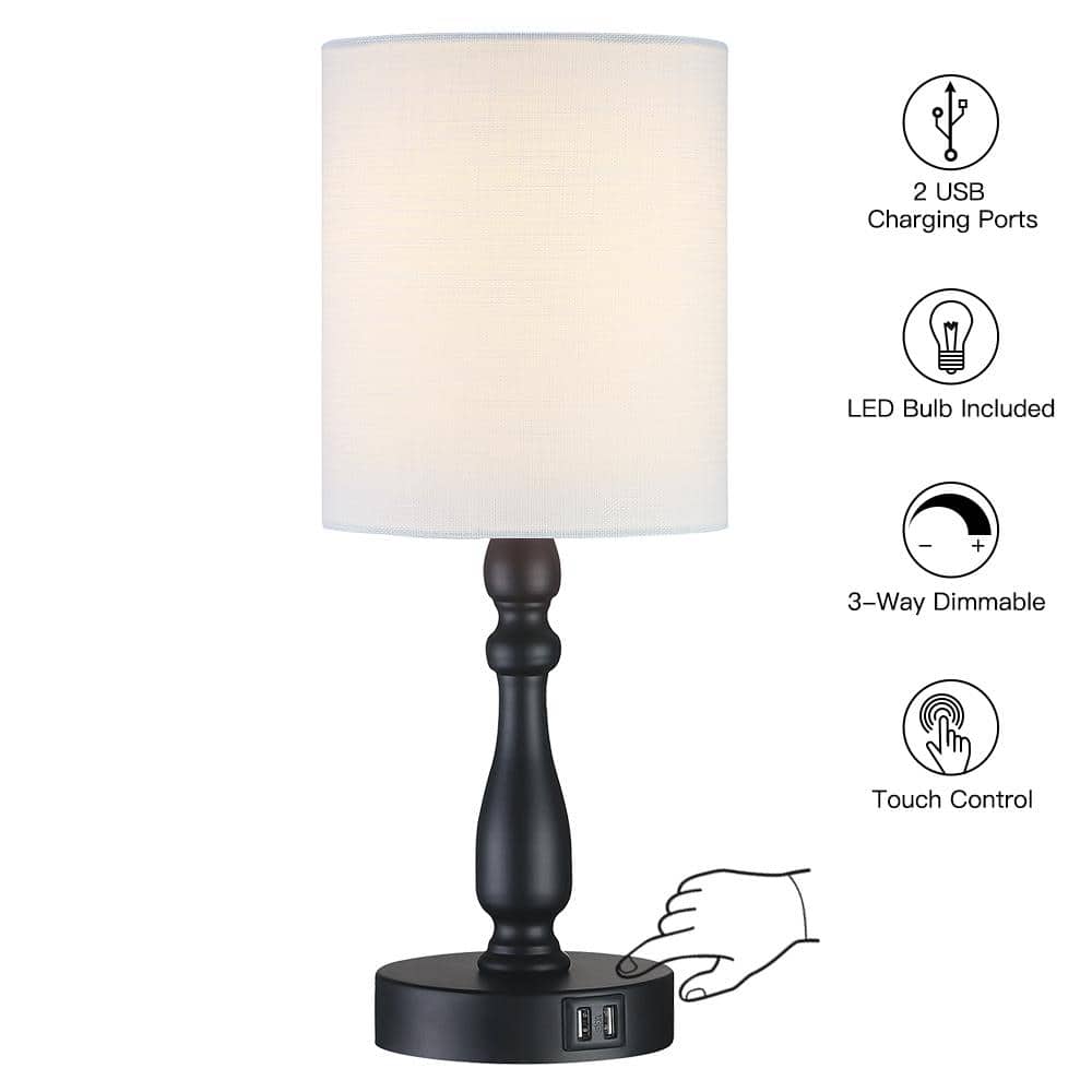 TRUE FINE 16 .5 in. Black Touch Control 3-Way Table Lamp with 2 USB Ports, 4-Watt LED Bulb Included