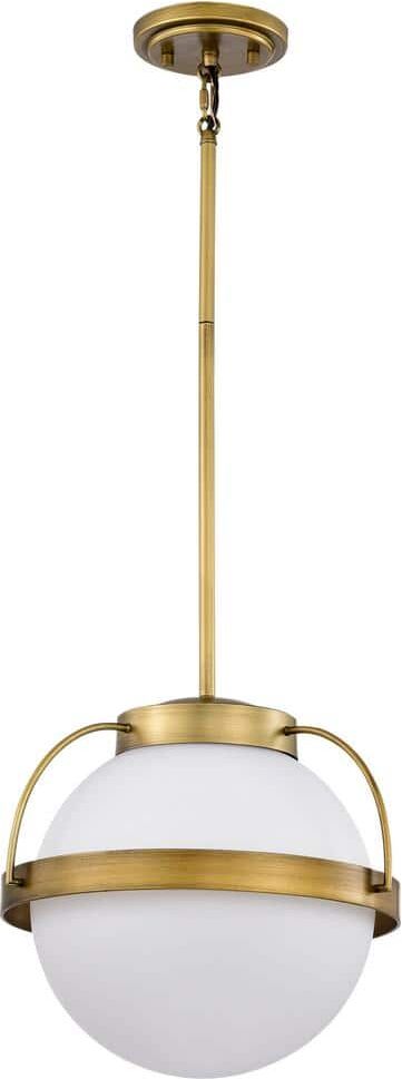 SATCO Lakeshore 60-Watt 1-Light Natural Brass Shaded Pendant Light with White Opal Glass Shade and No Bulbs Included