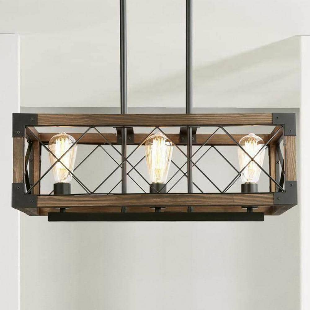 LNC Farmhouse Wood Chandelier, Black Kitchen Island Pendant, 3-Light Rustic Rectangular Cage Hanging Light for Dining Table