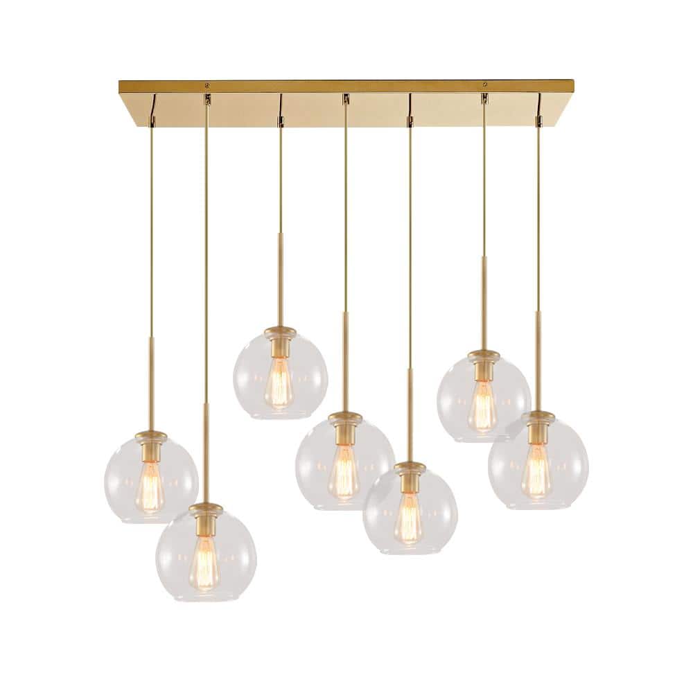 HUOKU 7-Light Vintage Gold Cluster, Cylinder, Linear, Rectangle Geometric, Island, Shaded Chandelier with Globe Clear Glass