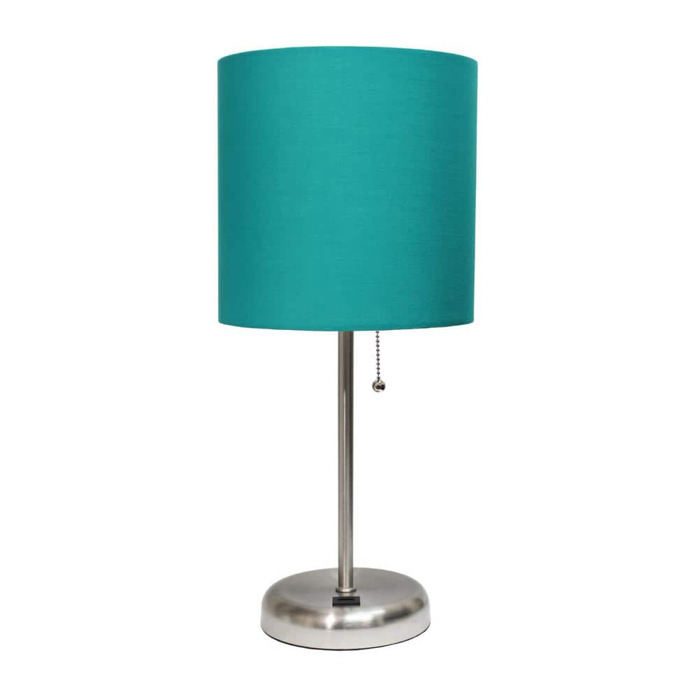 LimeLights 19.5 in. Teal Stick Lamp with USB Charging Port and Fabric Shade