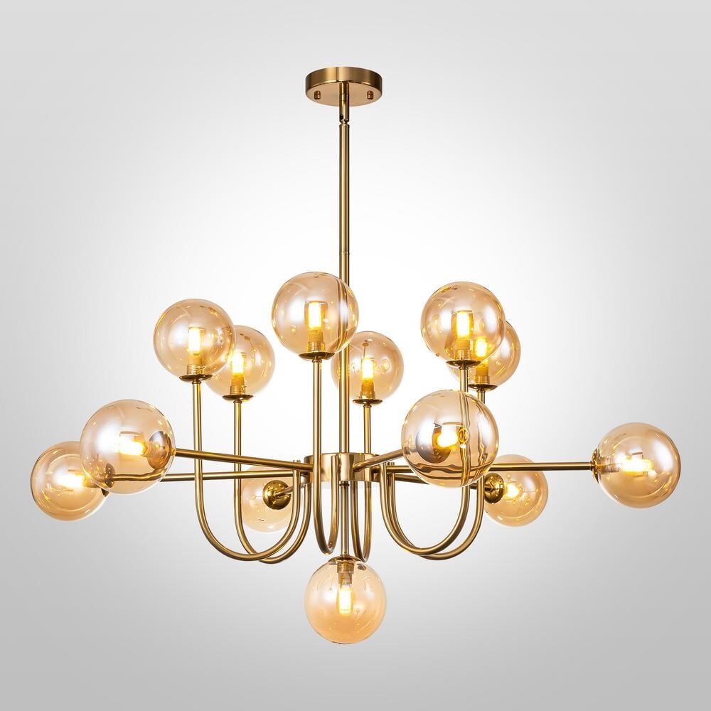 RRTYO Dalton 13-Light Brass Modern Amber Glass Globe Sputnik Chandelier Vintage Farmhouse Magic Bean Molecule Ceiling Pendant