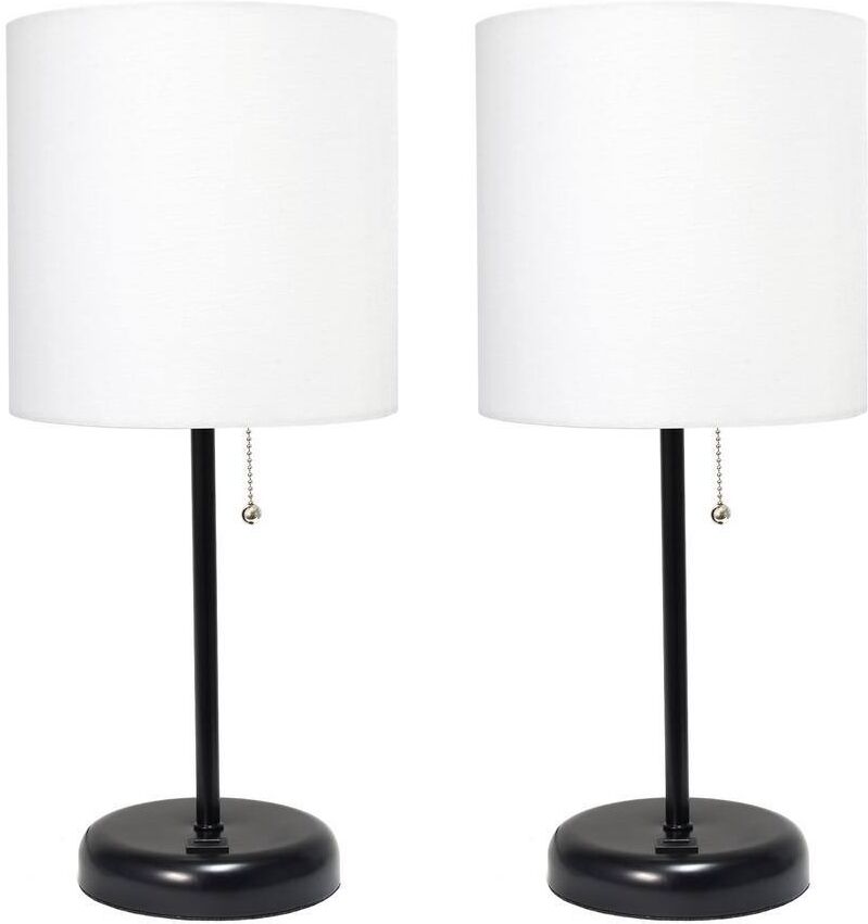 LimeLights 19.5 in. Black Stick Lamp with USB Charging Port and Fabric Shade, White (2-Pack Set)