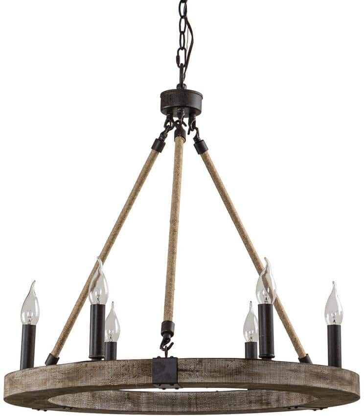 Flint Garden Farmhouse 6-Light Vintage Black and Wood Wagon Wheel Chandelier