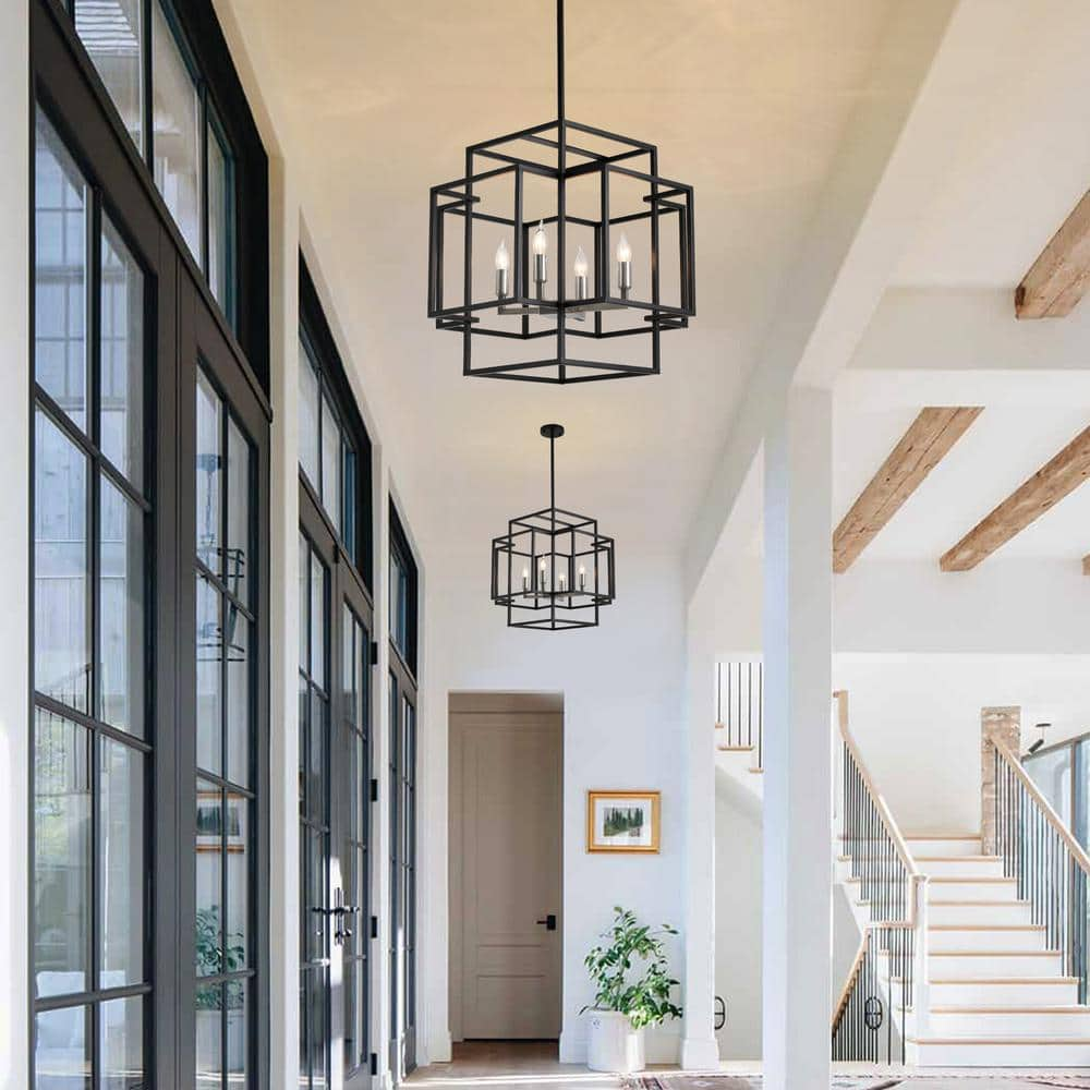 Magic Home 4-Light Industrial Chandelier Dining Room Lighting Fixture Foyer Cage Kitchen Island Ceiling Lamp, Black and Nickel