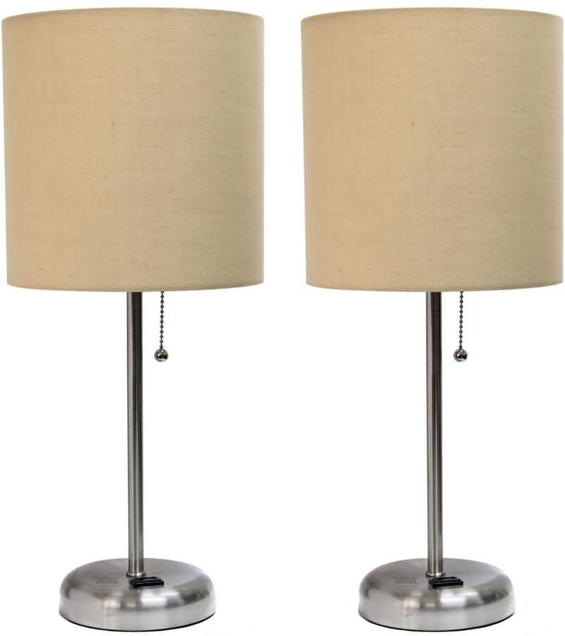 LimeLights 19.5 in. Brushed Steel and Tan Stick Lamp with Charging Outlet and Fabric Shade (2-Pack)