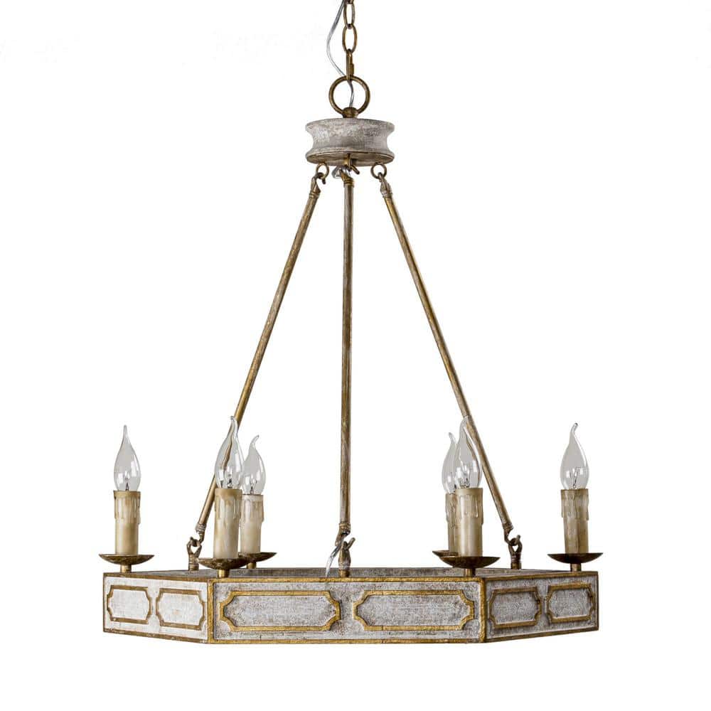 Flint Garden Farmhouse 6-Light Gold and Gray Candle Style Wagon Wheel Chandelier for Living Room Dining Room