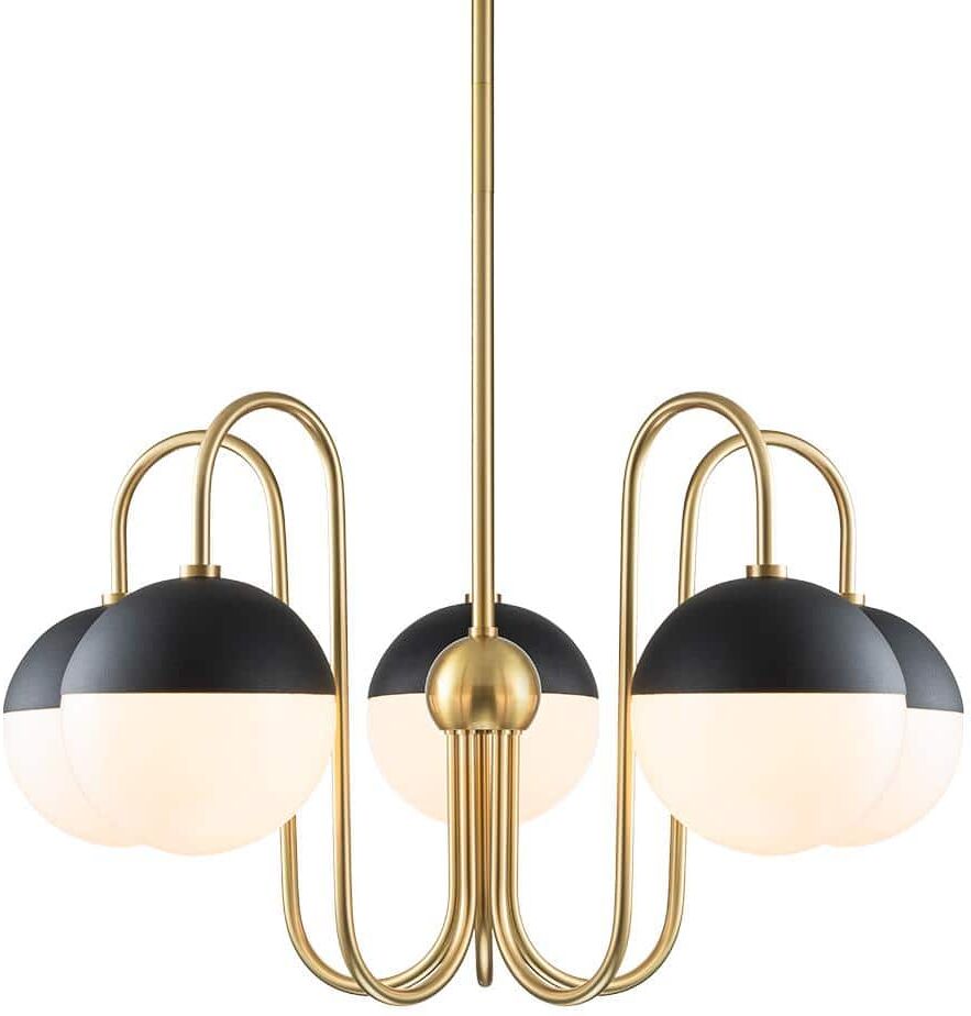 HUOKU Goouu 28.3-in.W 5-Light Aged Brass and Black Large Classic Chandelier with Milk White Glass Shades for Dining Room