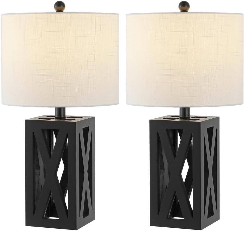 JONATHAN Y Stewart 21.5 in. Black Farmhouse Wood LED Table Lamp Set with Linen Shade and Wood Base  (Set of 2)