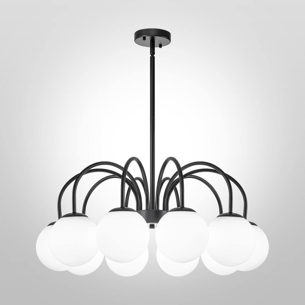 RRTYO Snead 10-Light Mid-Century Modern Black Sputnik Vintage Chandelier with Opal Frosted Glass Globe for Living Room