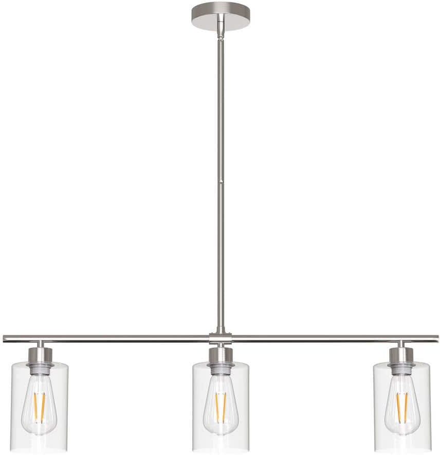 YANSUN 3-Light Chrome Industrial Modern Linear Kitchen Island Pendant with Clear Glass Shades for Dining Table